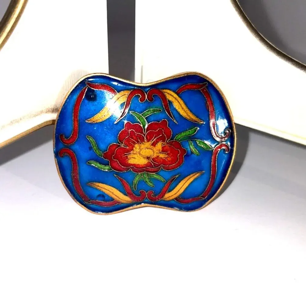 VTG Cloisonne Enamel Belt Buckle Floral Flower Design Blue Yellow Red